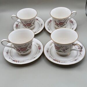 Vintage Noritake Ivory China Asian Song (7151) Teacup Saucer Set 4 Gold Trim